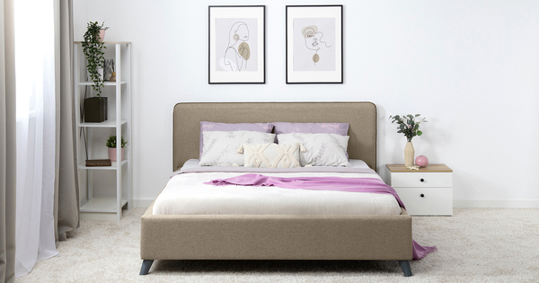 Кровать Миа 160 рогожка бежево-коричневый, кант желтовато-коричневый с ортопедическим основанием и подъемным механизмом