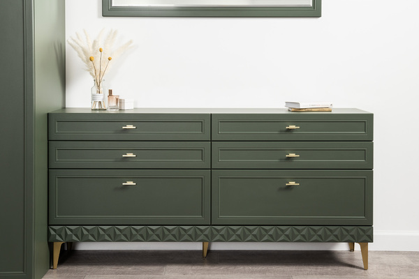 Комод Марион 16.256 дымчатый зеленый K521, олива шагрень AG 1050 ПВХ, белый PE шагрень