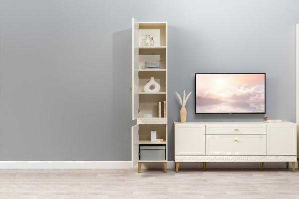 Гостиная Марион композиция 2 слоновая кость С341 PE, слоновая кость 6898 ПВХ, белый PE шагрень (собирается на любую сторону)