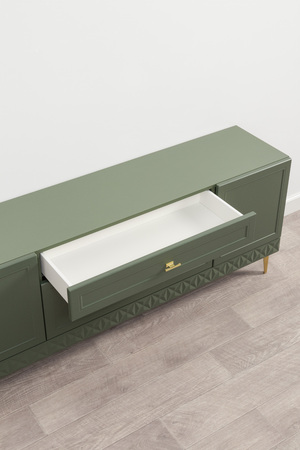 Гостиная Марион композиция 2 дымчатый зеленый K521, олива шагрень AG 1050 ПВХ, белый PE шагрень (собирается на любую сторону)