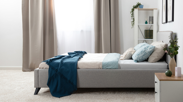 Кровать Миа 180 рогожка серый, кант желтовато-коричневый с ортопедическим основанием и подъемным механизмом