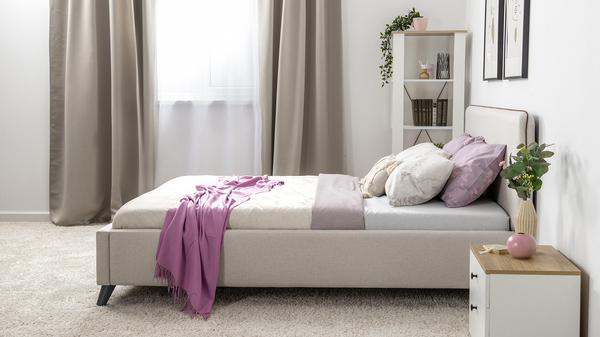 Кровать Миа 140 рогожка светло-бежевый, кант желтовато-коричневый с ортопедическим основанием и подъемным механизмом